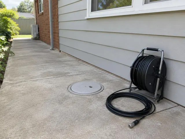 Capped drain inspection cover beside a coiled camera reel on a concrete side path by a weatherboard wall in North Rocks