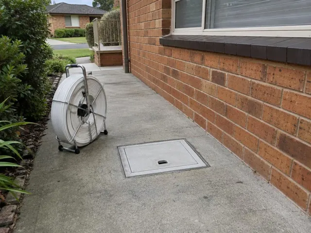 Flush access cover in a concrete side path beside a brick house in Carlingford