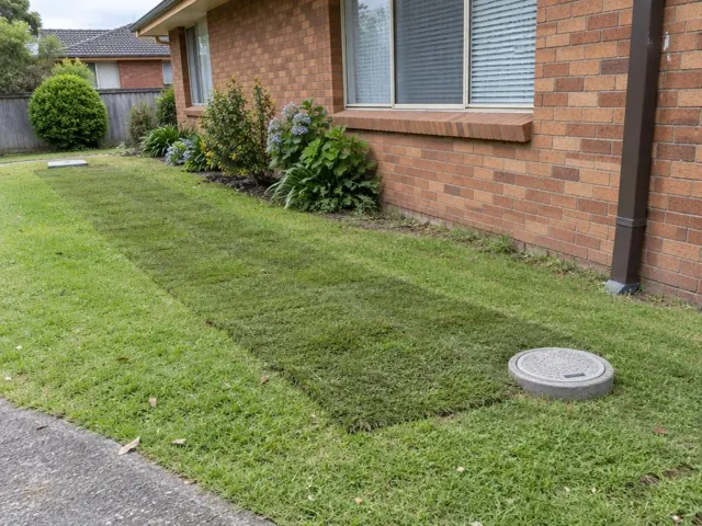 Backfilled lawn trench beside a brick house with an inspection cover in Carlingford